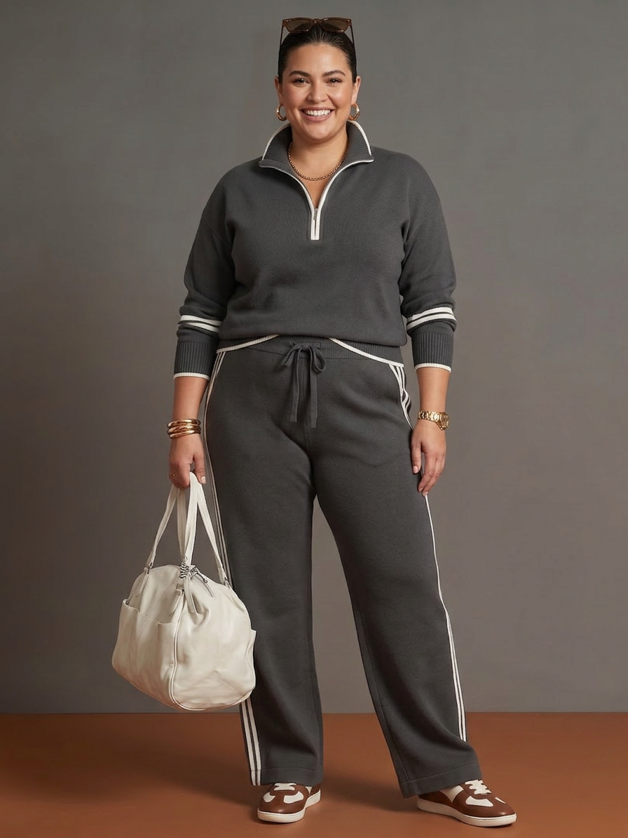 Rain | Ensemble Manches Longues Col Zippé et Pantalon Rayé