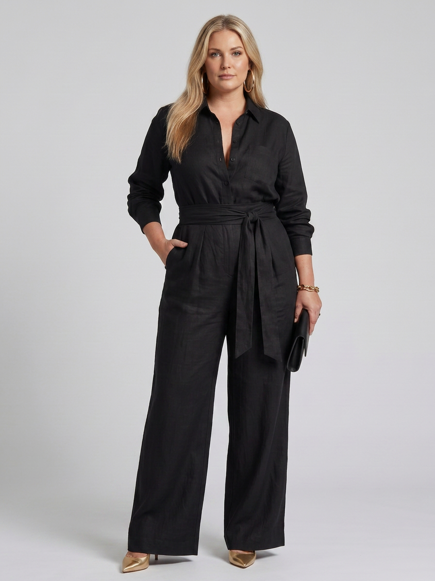 Jovie | Combinaison Jambes Larges Boutonnée à Manches Longues