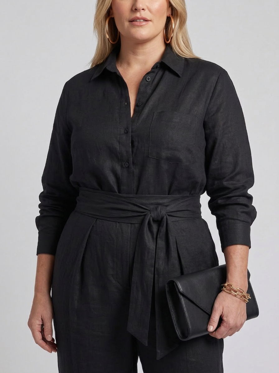 Jovie | Combinaison Jambes Larges Boutonnée à Manches Longues