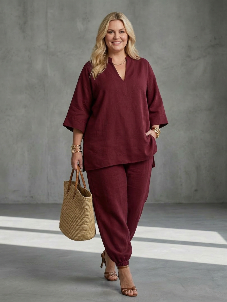 Georgiana | Ensemble Tunique Col V et Pantalon Froncé