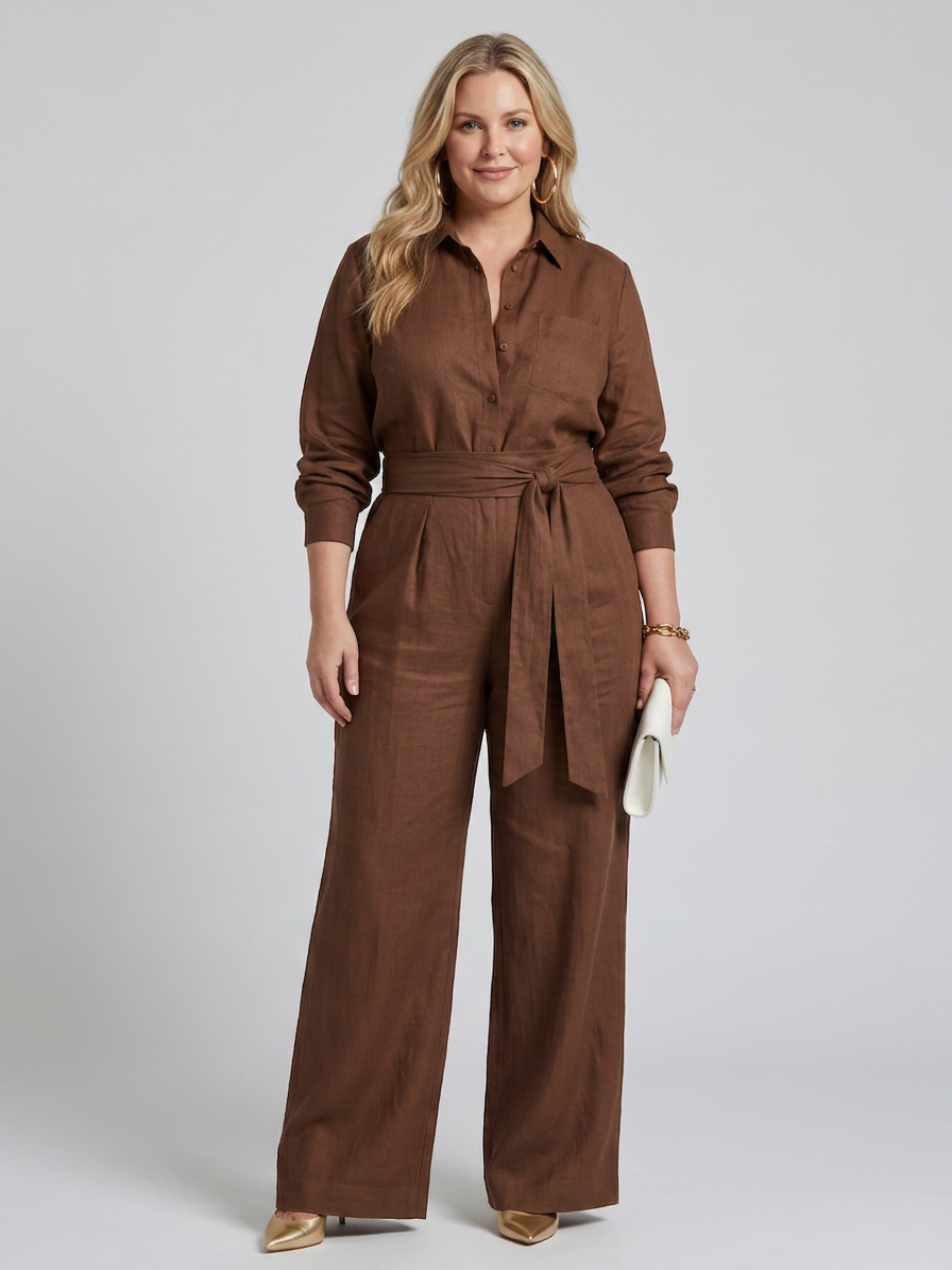 Jovie | Combinaison Jambes Larges Boutonnée à Manches Longues