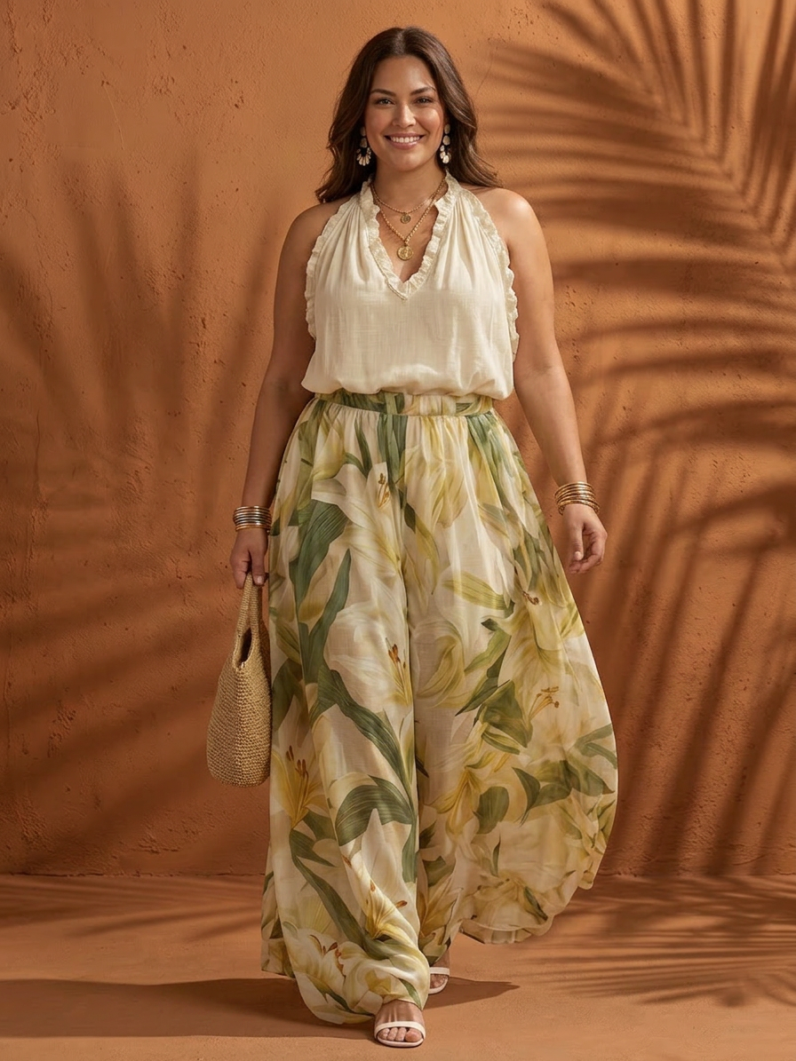 Solange | Ensemble Blouse Halter Fleural et Pantalon Large