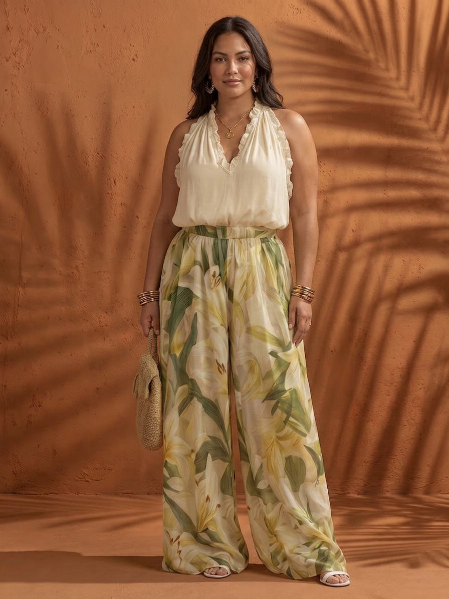 Solange | Ensemble Blouse Halter Fleural et Pantalon Large