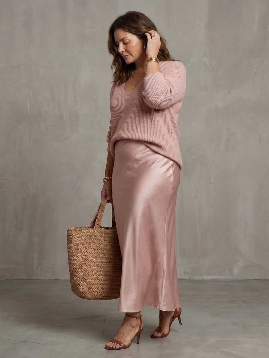 Luciana | Ensemble Jupe Satinée Coupée en Biais et Maille Superposée