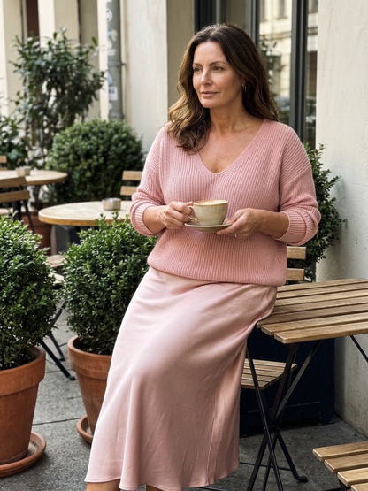 Luciana | Ensemble Jupe Satinée Coupée en Biais et Maille Superposée