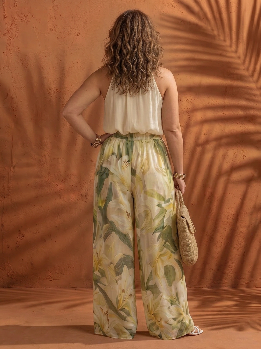 Solange | Ensemble Blouse Halter Fleural et Pantalon Large