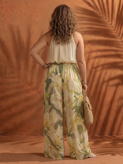 Solange | Ensemble Blouse Halter Fleural et Pantalon Large