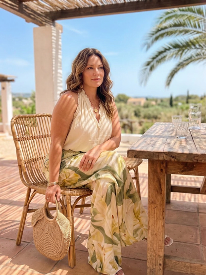Solange | Ensemble Blouse Halter Fleural et Pantalon Large
