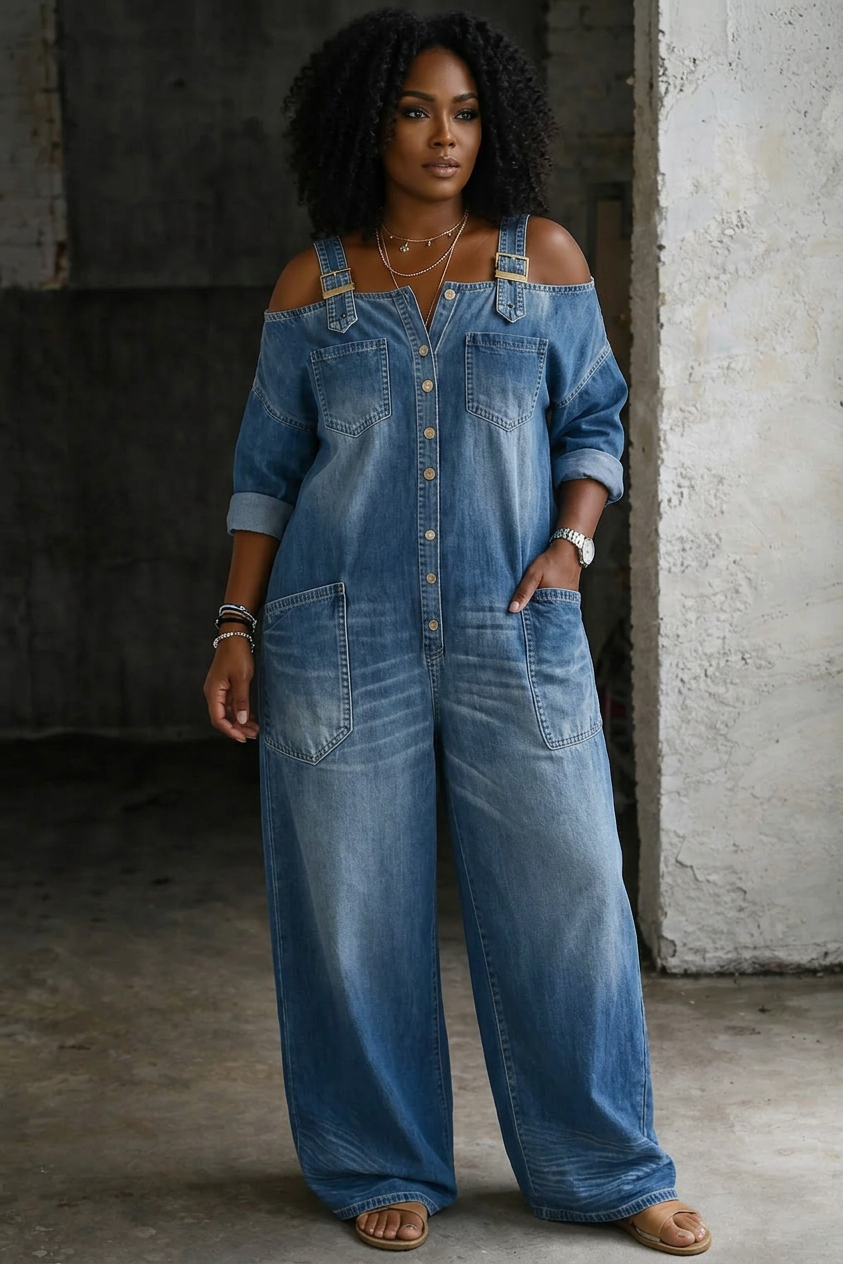 Stephanie | Combinaison Chemise en Jean Épaules Dénudées