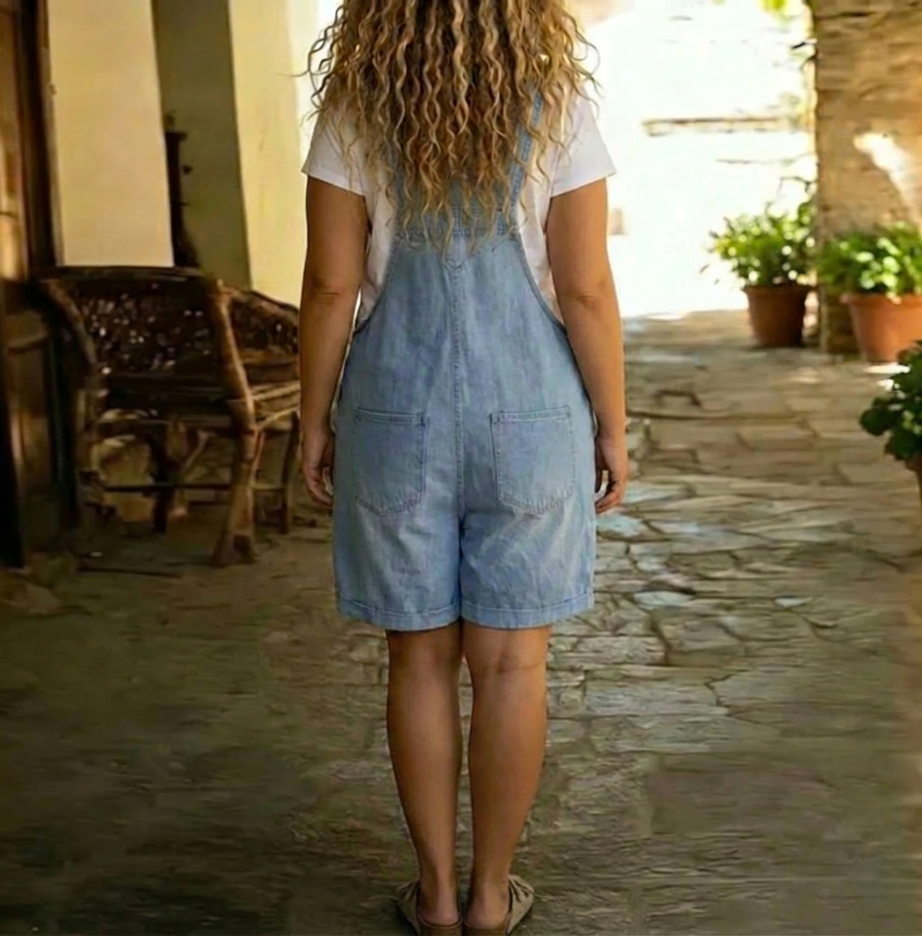Clara | Salopette Courte en Jean Vintage Bleu Clair