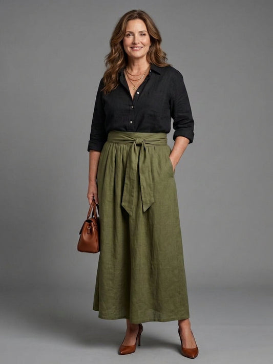 Vera | Ensemble Deux Pièces Blouse Noire et Jupe Midi Vert Olive