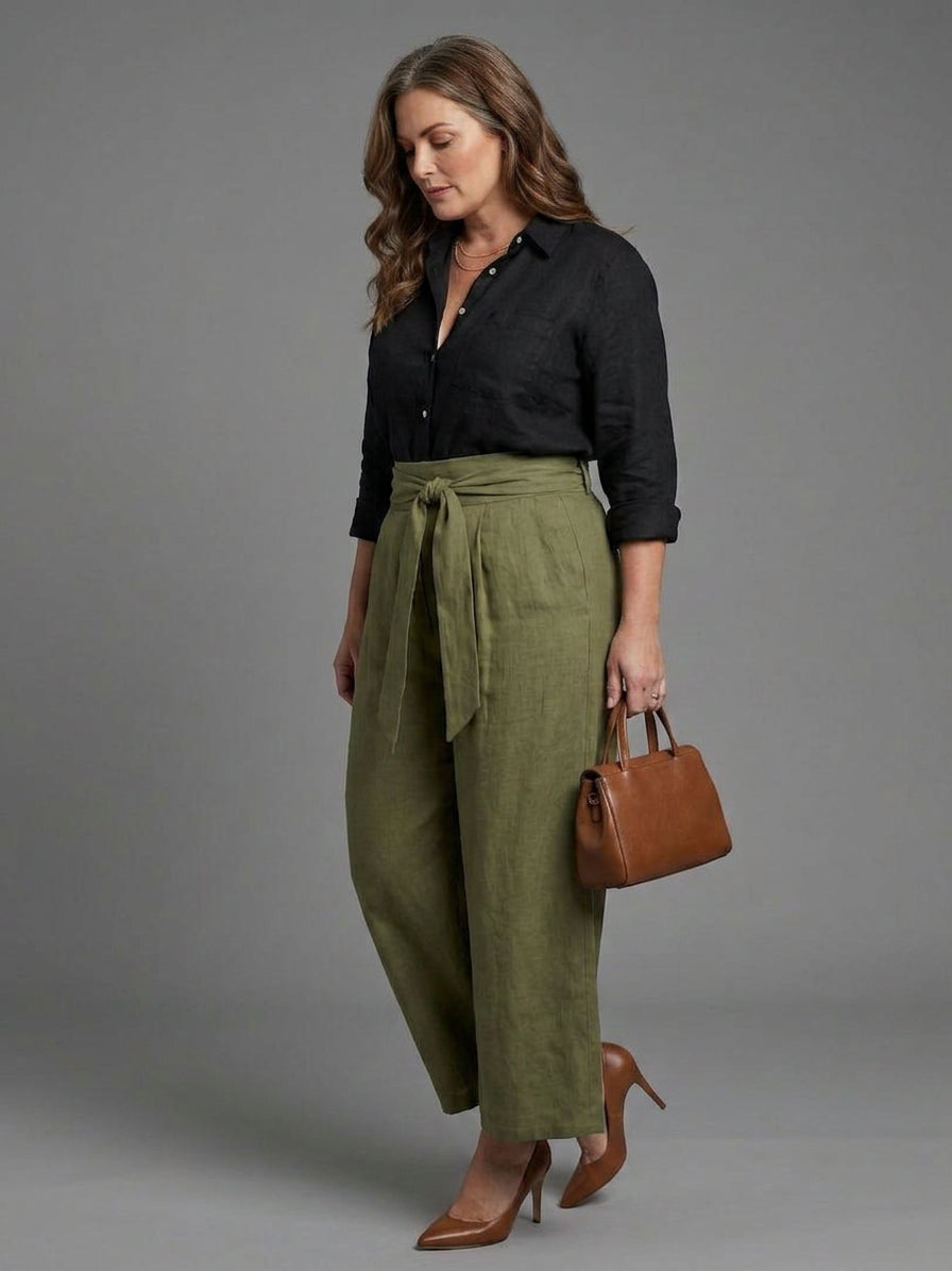 Vera | Ensemble Deux Pièces Blouse Noire et Jupe Midi Vert Olive