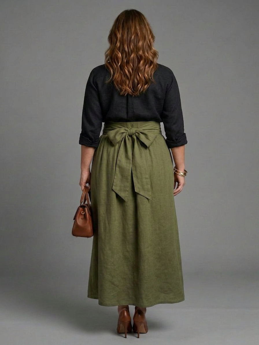 Vera | Ensemble Deux Pièces Blouse Noire et Jupe Midi Vert Olive