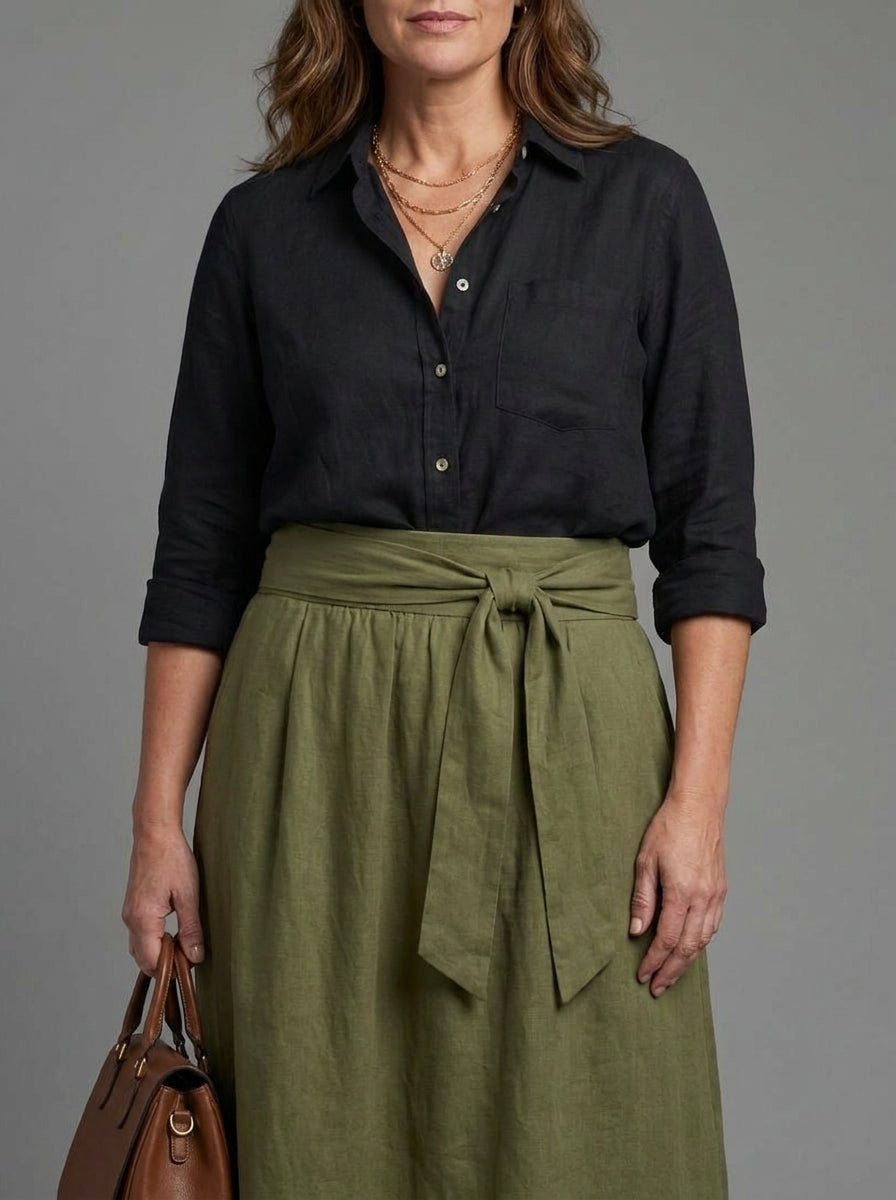 Vera | Ensemble Deux Pièces Blouse Noire et Jupe Midi Vert Olive