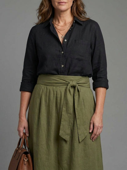 Vera | Ensemble Deux Pièces Blouse Noire et Jupe Midi Vert Olive