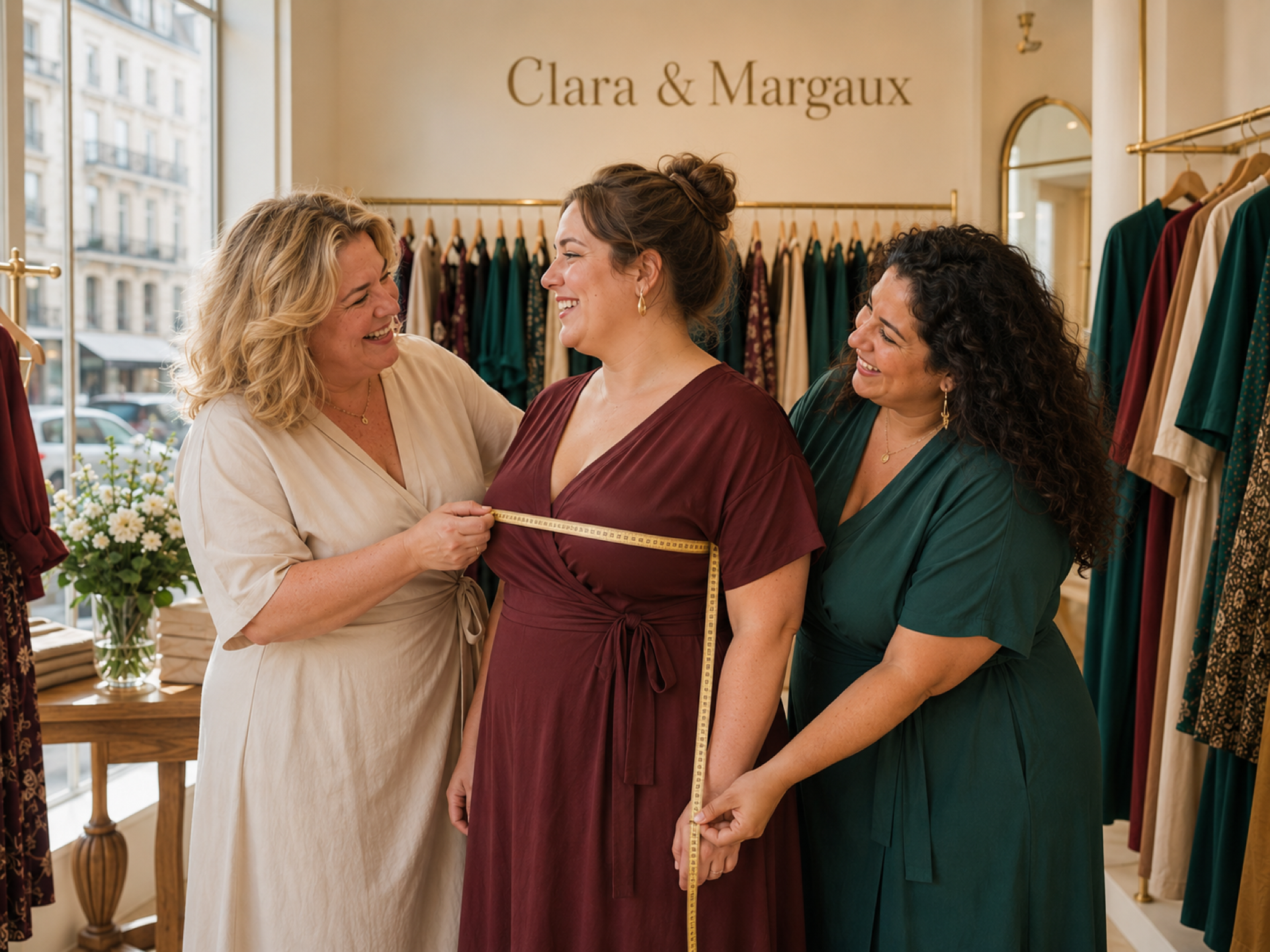 Clara y Margaux midiendo a una clienta